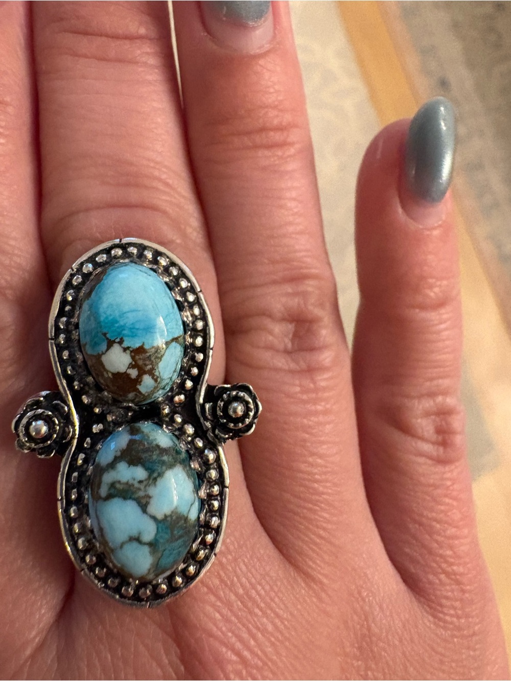 Hand Crafted Turquoise Double-Stone Ring with Silver Accent nwt 7.25 - Picture 2 of 4